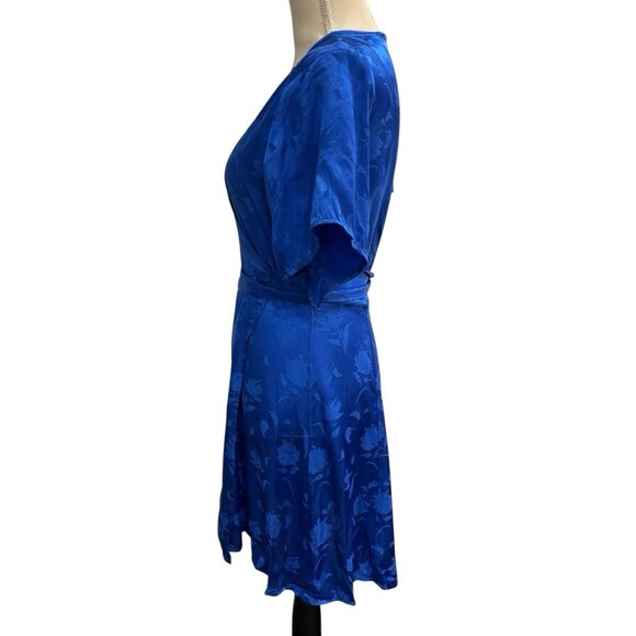 Shore Wrap Mini Dress Womens M Blue Satin Embossed Floral Y2K Vacation Resort - Picture 2 of 13